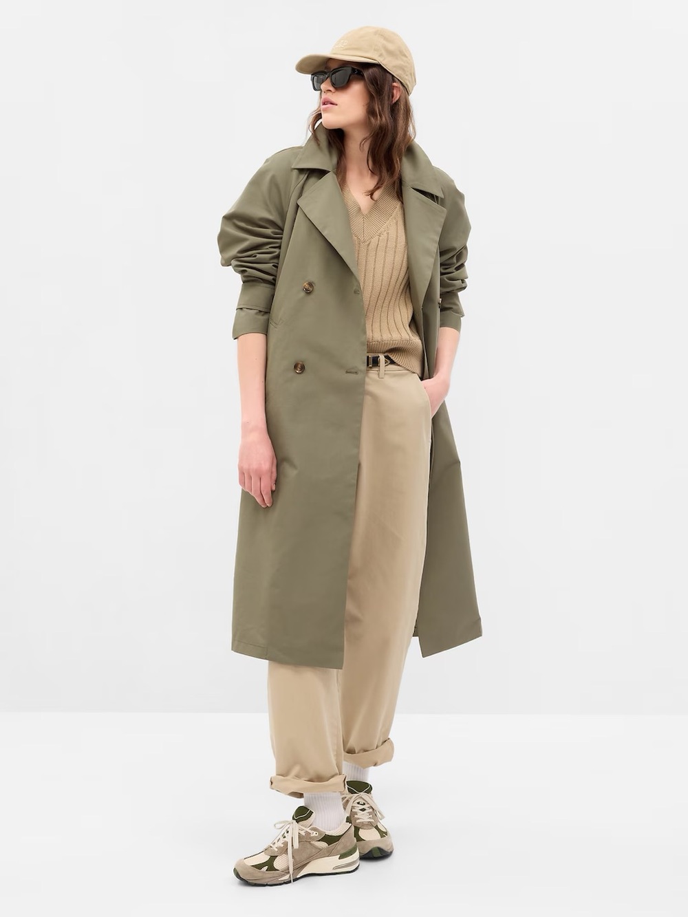 Olive Green Trench Coat - Women's Classic Double-Breasted Coat